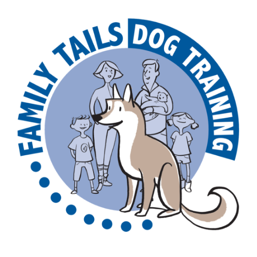 the logo for family tails with a brown dog and a family with 2 children and a new born baby in the background with the text 