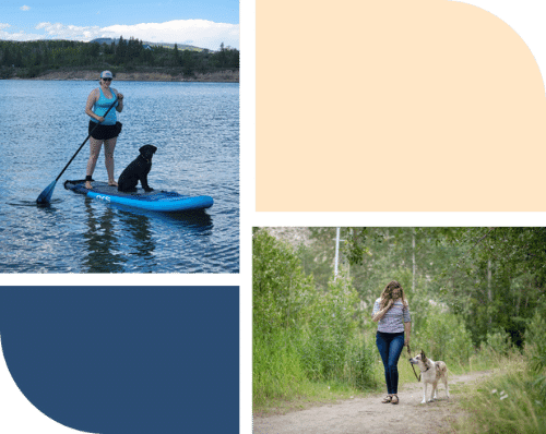 Two images, on where there is a woman with her dog on a paddle board, the other is a woman walking a white and brown dog down a path near vegitation that is quite tall.